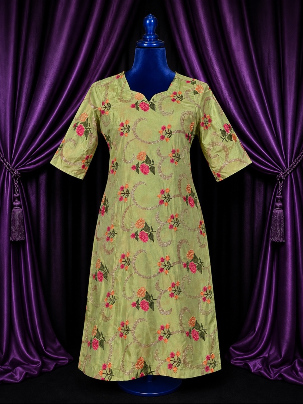 Floral Olive Green A-Line Dress with Notch Neck